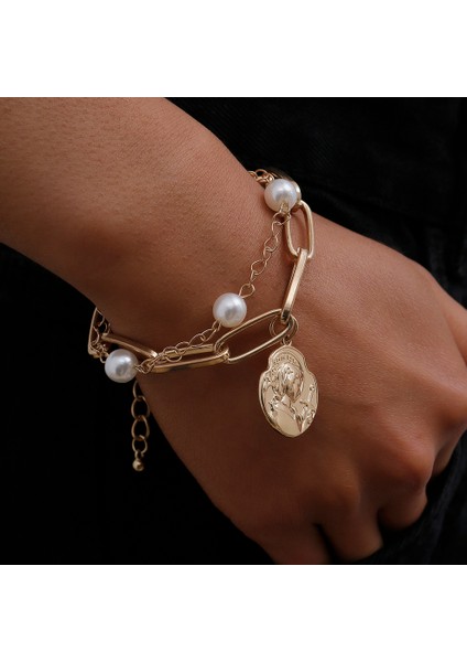 Altın Rengi 6 Yüksek Çekicilik Sahte Inci Bilezik Bilezik Kadınlar Için Kolluk Steampunk Kilit Kalın Zincir Bilezikler Arkadaş Çift Takı (Yurt Dışından) modelleri