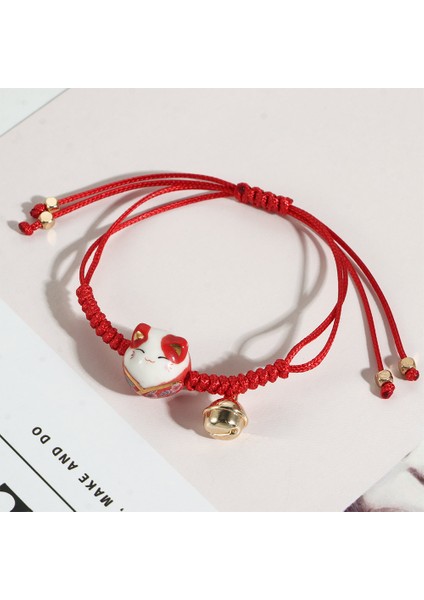 Kırmızı Kadın Kızlar Için Şans Seramik Kedi Kolyesi Japon Tarzı Takı Ile Ayarlanabilir El Yapımı Kırmızı Örgü Halat Bilezik (Yurt Dışından)