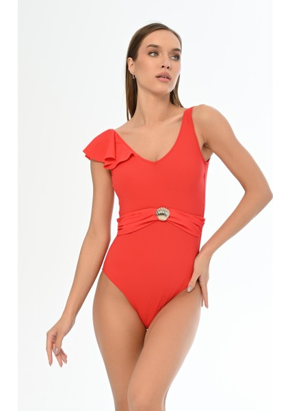 Aquaviva Kadın Kırmızı Annabella Tek Omuz Volan Detaylı Kemerli Mayo