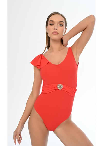Aquaviva Kadın Kırmızı Annabella Tek Omuz Volan Detaylı Kemerli Mayo fiyatları
