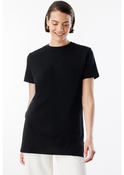Regular Fit Bisiklet Yaka Basic Düz Kısa Kollu Pamuk Tunik Oversıze-Tunık