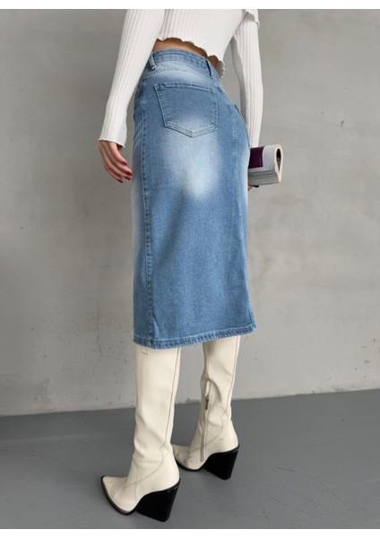 Kadın Asimetrik Kesim Yırtmaçlı Jean Etek modelleri