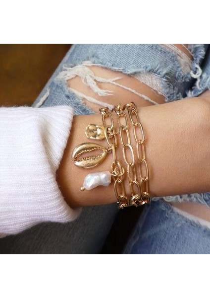 B00121 Vagzeb Punk Altın Renk Kalın Zincir Bilezik Seti Kadınlar Retro Geometrik Metal Örgü Zincir Bilezik Moda Takı (Yurt Dışından)