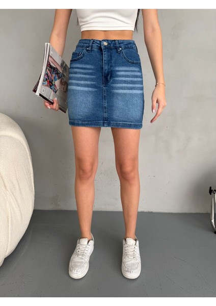 Eskitme Soluk Efekt Vintage Yüksek Bel Mini Denim Etek modelleri