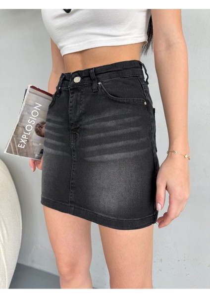 Eskitme Soluk Efekt Vintage Yüksek Bel Mini Denim Etek fırsatları