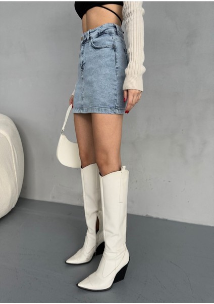 Kadın Yüksek Bel Likralı Mini Denim Etek