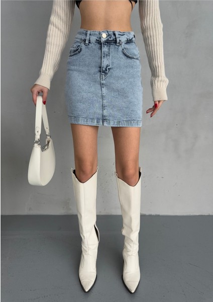 Kadın Yüksek Bel Likralı Mini Denim Etek fiyatları