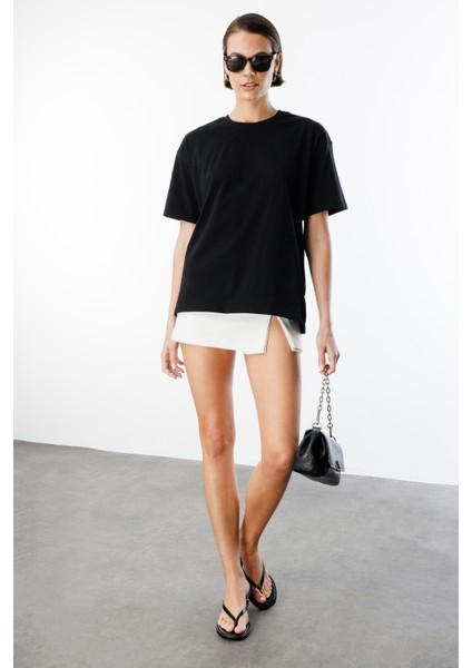 Kadın %100 Organik Pamuk Relaxed Fit Yırtmaçlı Yuvarlak Yaka T-Shirt Yırtmaçlı-T-Shırt fiyatları