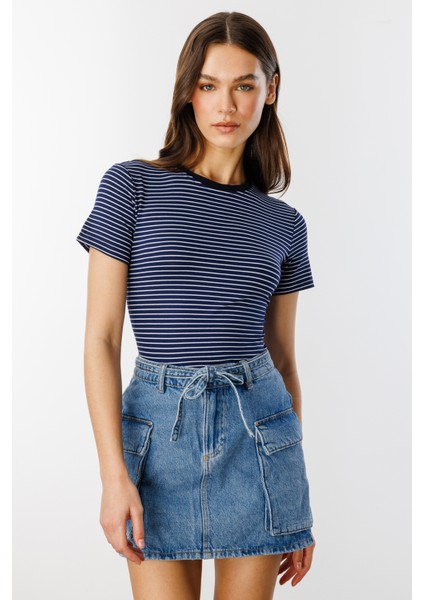 Kadın Çizgili Kısa Kollu T-Shirt Çizgili-T-Shırt