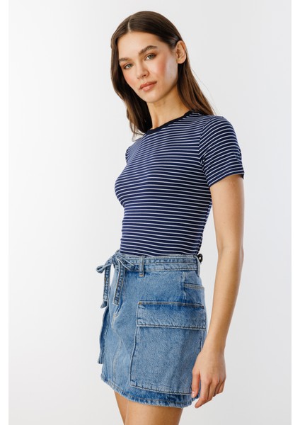 Kadın Çizgili Kısa Kollu T-Shirt Çizgili-T-Shırt modelleri