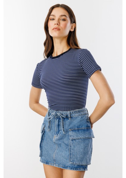 Kadın Çizgili Kısa Kollu T-Shirt Çizgili-T-Shırt fırsatları