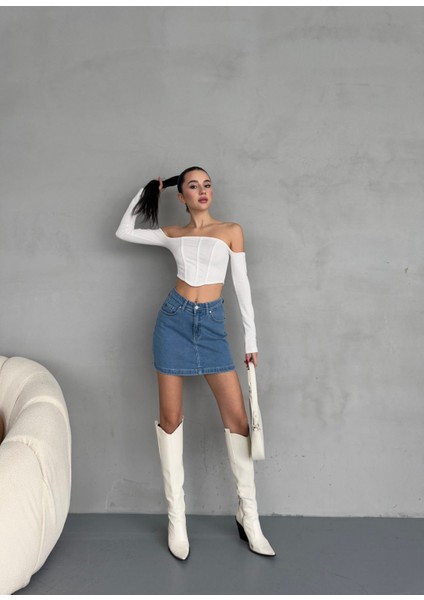 Kadın Yüksek Bel Likralı Mini Denim Etek indirimleri