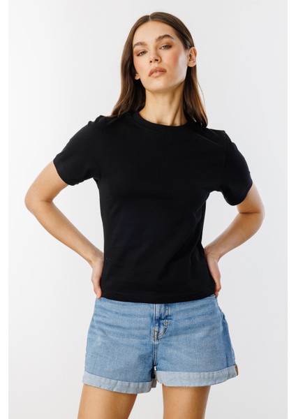 Kadın T-Shirt Kısa Kollu Organik Pamuklu Bisiklet Yaka Crop T-Shirt Kadın-T-Shırt
