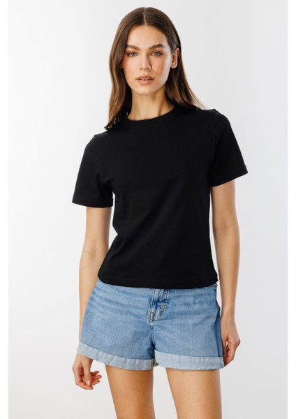 Kadın T-Shirt Kısa Kollu Organik Pamuklu Bisiklet Yaka Crop T-Shirt Kadın-T-Shırt