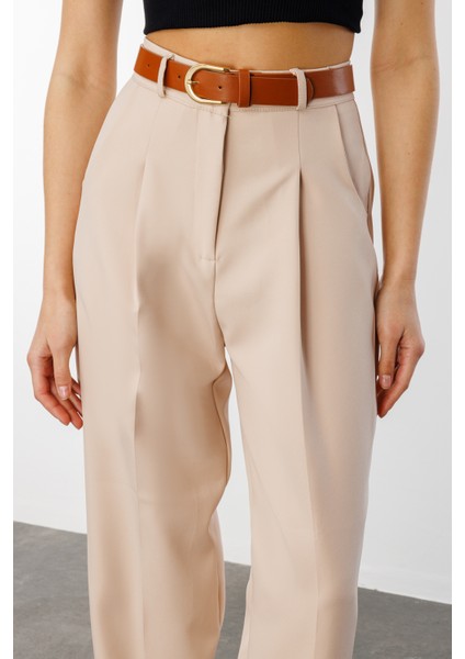 Kadın Dar Paça Pileli Kemerli Mevsimlik Kumaş Pantolon Kemerli-Pantolon fırsatları
