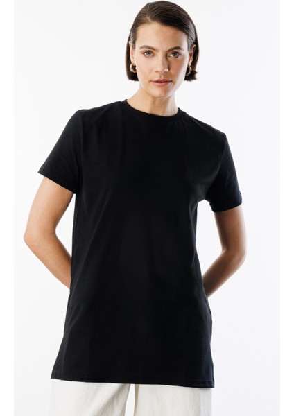 Regular Fit Bisiklet Yaka Basic Düz Kısa Kollu Pamuk Tunik Oversıze-Tunık