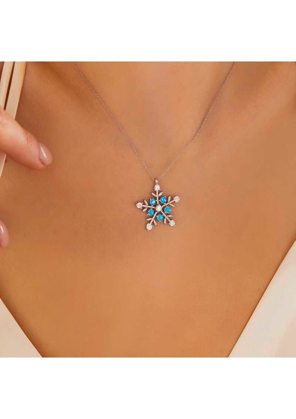Gümüş Aquamarine Taşlı Kar Tanesi Kadın Kolye