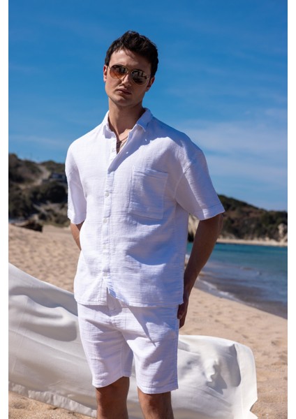 Keten Kumaş Beyaz Renk Cep Detaylı Gömlek Şort Erkek Takım fiyatları