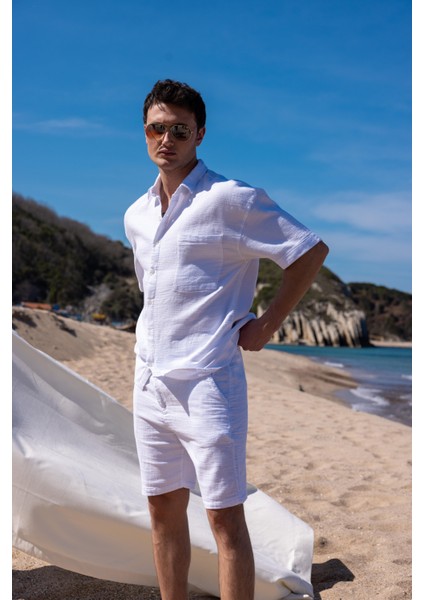 Keten Kumaş Beyaz Renk Cep Detaylı Gömlek Şort Erkek Takım