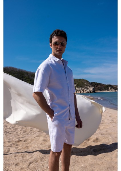 Keten Kumaş Beyaz Renk Cep Detaylı Gömlek Şort Erkek Takım modelleri