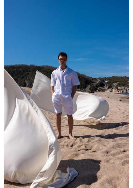 Keten Kumaş Beyaz Renk Cep Detaylı Gömlek Şort Erkek Takım fırsatları