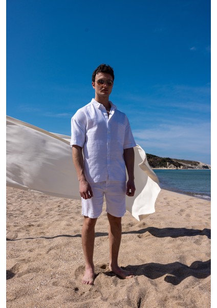 Keten Kumaş Beyaz Renk Cep Detaylı Gömlek Şort Erkek Takım indirimleri