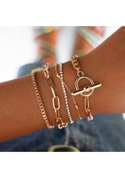 B00221 Vagzeb Punk Altın Renk Kalın Zincir Bilezik Seti Kadınlar Retro Geometrik Metal Örgü Zincir Bilezik Moda Takı (Yurt Dışından)