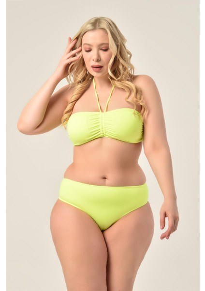 Aquaviva Kadın Büyük Beden Neon Yeşil Straplez Boyundan Bağlı Bikini Takımı