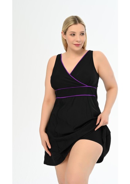 Aquaviva Kadın Siyah-Mor Büyük Beden Alesta Şortlu Elbise Mayo