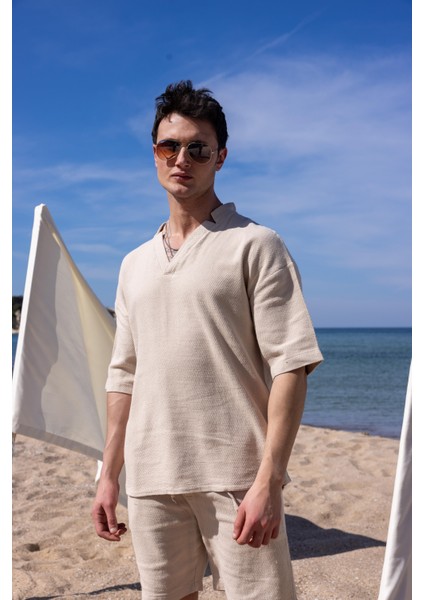 Bej Renk V Yaka Gömlek Şort Erkek Yıkamalı Keten Takım