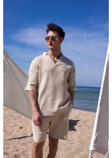 Bej Renk V Yaka Gömlek Şort Erkek Yıkamalı Keten Takım fiyatları