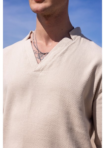 Bej Renk V Yaka Gömlek Şort Erkek Yıkamalı Keten Takım modelleri