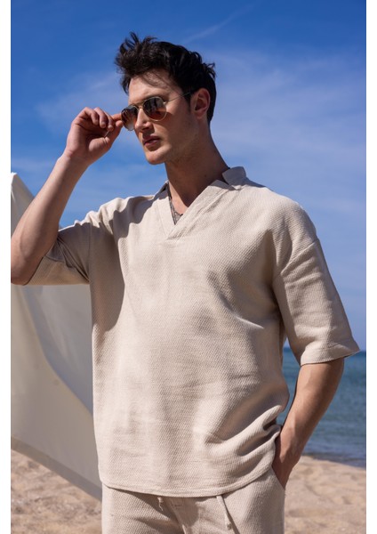 Bej Renk V Yaka Gömlek Şort Erkek Yıkamalı Keten Takım fırsatları