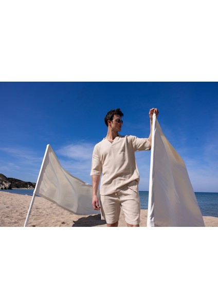 Bej Renk V Yaka Gömlek Şort Erkek Yıkamalı Keten Takım indirimleri