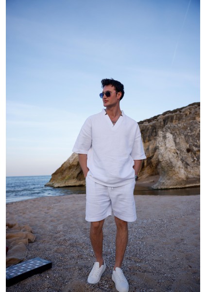 Beyaz Renk V Yaka Gömlek Şort Erkek Yıkamalı Keten Takım