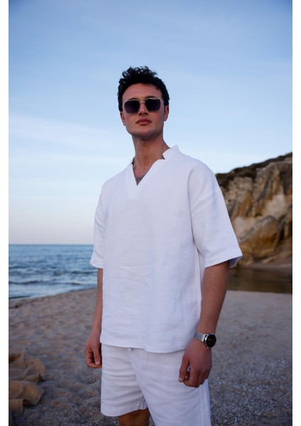 Beyaz Renk V Yaka Gömlek Şort Erkek Yıkamalı Keten Takım fiyatları