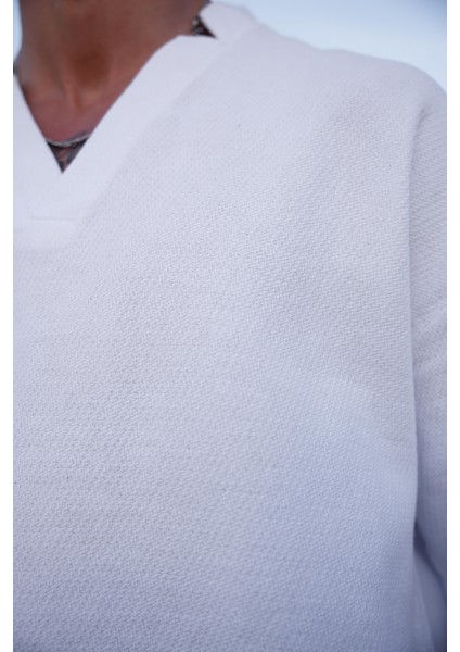 Beyaz Renk V Yaka Gömlek Şort Erkek Yıkamalı Keten Takım modelleri