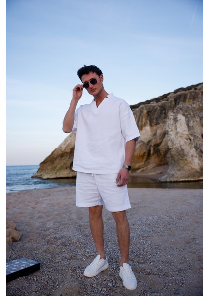 Beyaz Renk V Yaka Gömlek Şort Erkek Yıkamalı Keten Takım fırsatları