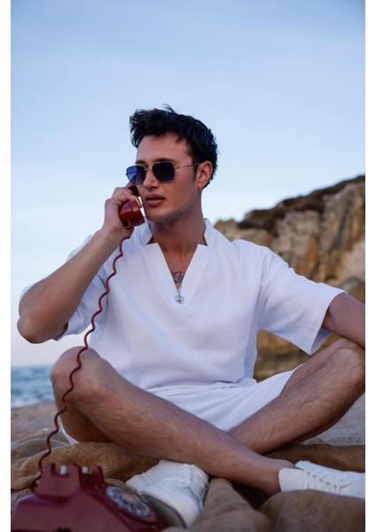 Beyaz Renk V Yaka Gömlek Şort Erkek Yıkamalı Keten Takım indirimleri