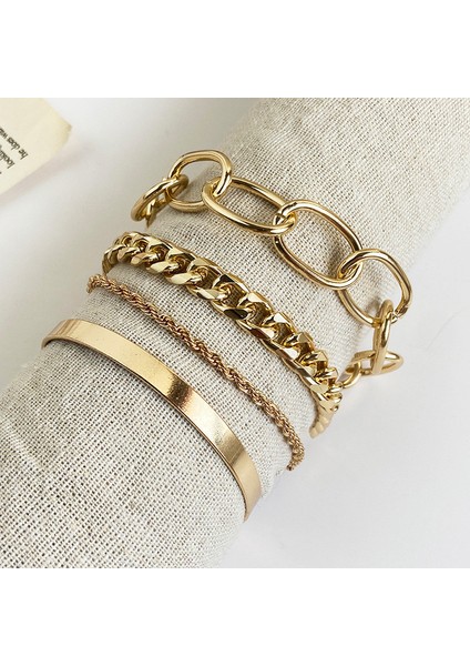 NO.84387 Beden Vagzeb Punk Altın Renk Kalın Zincir Bilezik Seti Kadınlar Retro Geometrik Metal Örgü Zincir Bilezik Moda Takı (Yurt Dışından) fırsatları