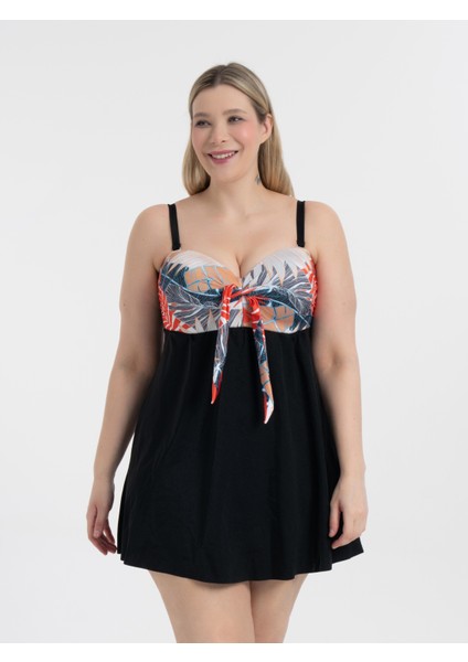 Kadın Büyük Beden Yaprak Desenli Toparlayıcı Fiyonklu Elbise Mayo Şık Tasarım