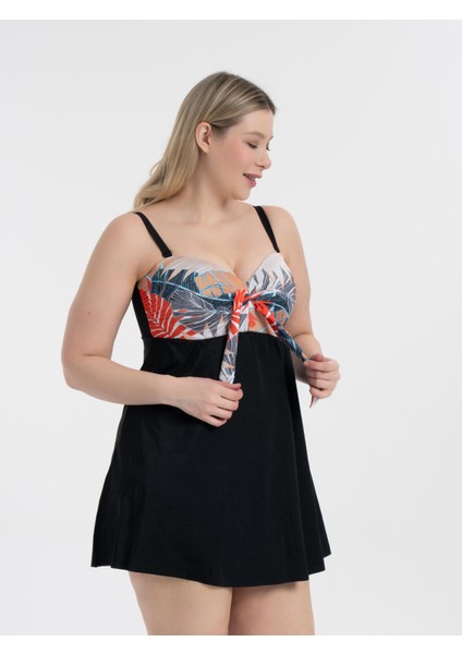 Kadın Büyük Beden Yaprak Desenli Toparlayıcı Fiyonklu Elbise Mayo Şık Tasarım fiyatları