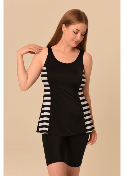 Kadın Şortlu Tankini Siyah Çizgili Büyük Beden Konforlu Yüzme Deneyimi İçin