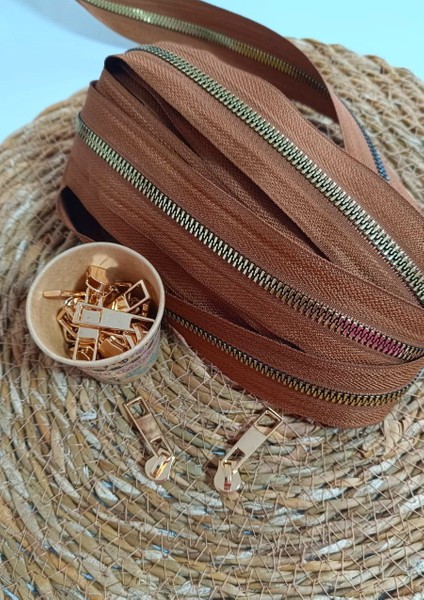 Taba Kahve T6 Altın Diş Kemik Fermuar Altın Başlık - 10 Metre Fermuar - 10 Adet Başlık