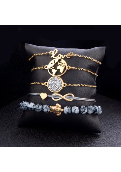 NO.4159 Beden Boho Dünya Çok Katmanlı Aşk Kalp Bilezik Kadın Kristal Şans Taşı Boncuk Kaplumbağa Kolye Altın Kolluk Bileziği Takı (Yurt Dışından)