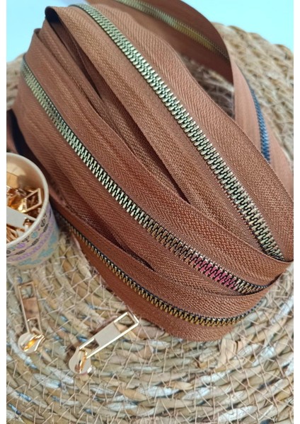 Taba Kahve T6 Altın Diş Kemik Fermuar Altın Başlık - 10 Metre Fermuar - 10 Adet Başlık fiyatları