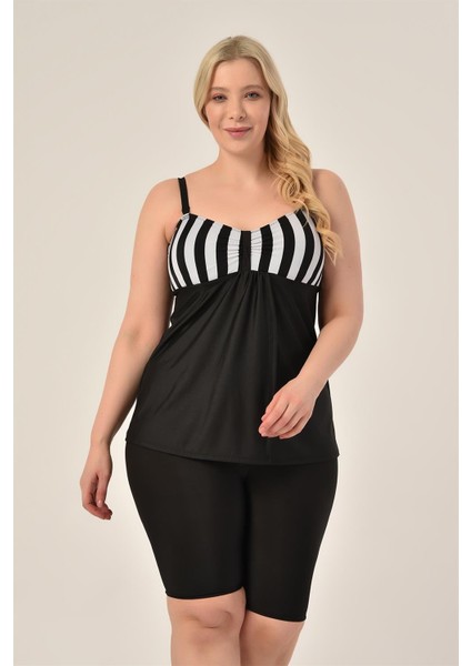 Aquaviva Kadın Büyük Beden Siyah Kalın Çizgili Toparlayıcı Kruvaze Detaylı Şortlu Tankini
