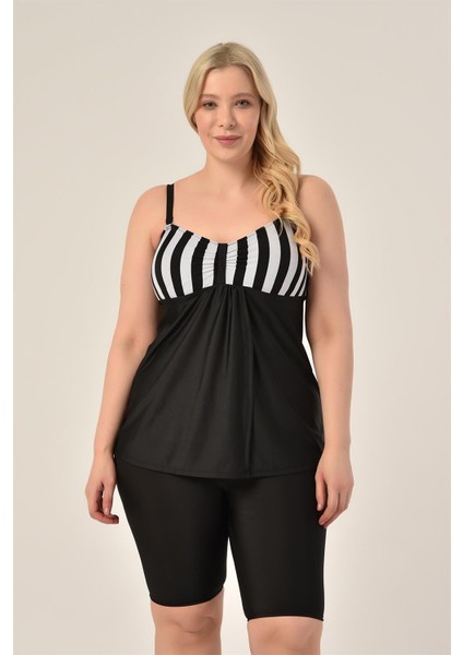 Aquaviva Kadın Büyük Beden Siyah Kalın Çizgili Toparlayıcı Kruvaze Detaylı Şortlu Tankini fiyatları