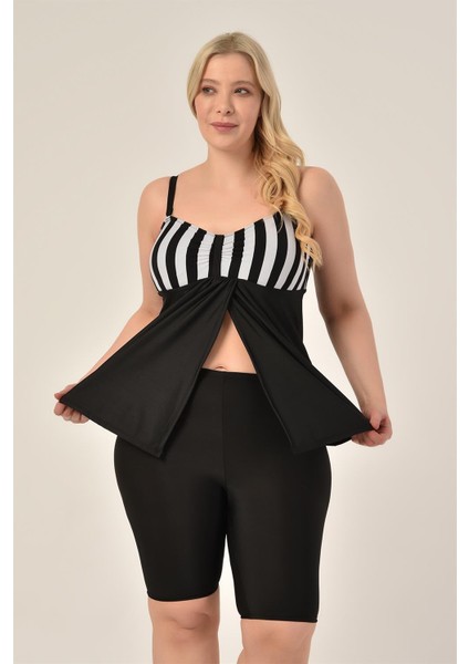Aquaviva Kadın Büyük Beden Siyah Kalın Çizgili Toparlayıcı Kruvaze Detaylı Şortlu Tankini modelleri