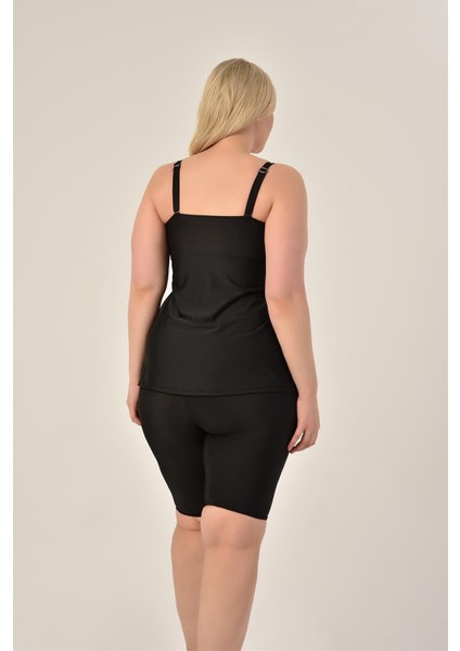 Aquaviva Kadın Büyük Beden Siyah Kalın Çizgili Toparlayıcı Kruvaze Detaylı Şortlu Tankini fırsatları